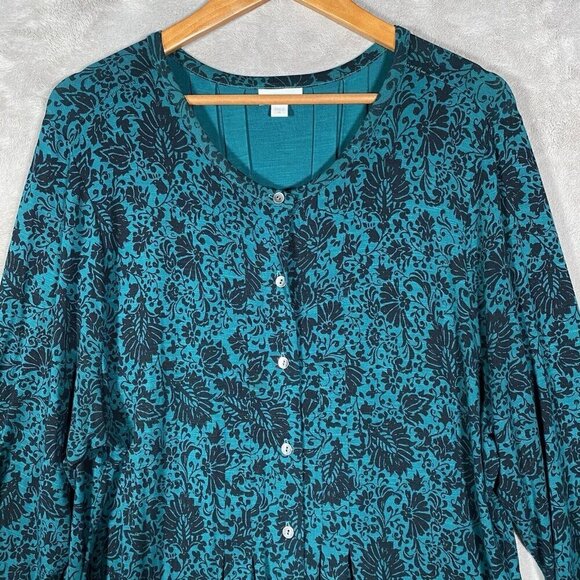 J Jill Dress XL Viridian Deco Scroll Green Floral Pleated Button Up Stretch - Picture 3 of 12